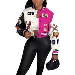 Women's Varsity Jacket with Patches Print Cropped Bomber Leather Jacket A-Rose